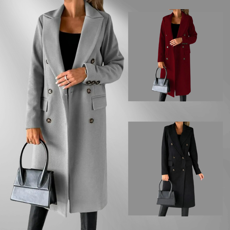 Women's Double-Breasted Wool Blend Coat – Tailored Fit, Notched Lapel, Gray, Camel, Black-55035-59519544590679