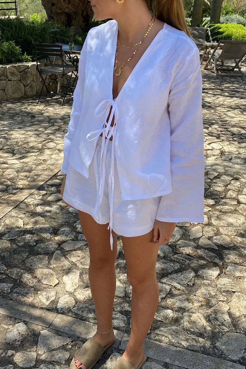 Women's Linen Two-Piece Outfit - Tie-Front Long Sleeve Top & Elastic Waist Shorts, Relaxed Fit-83296-a10f04bf-769e-4a13-b329-81119069d0ce