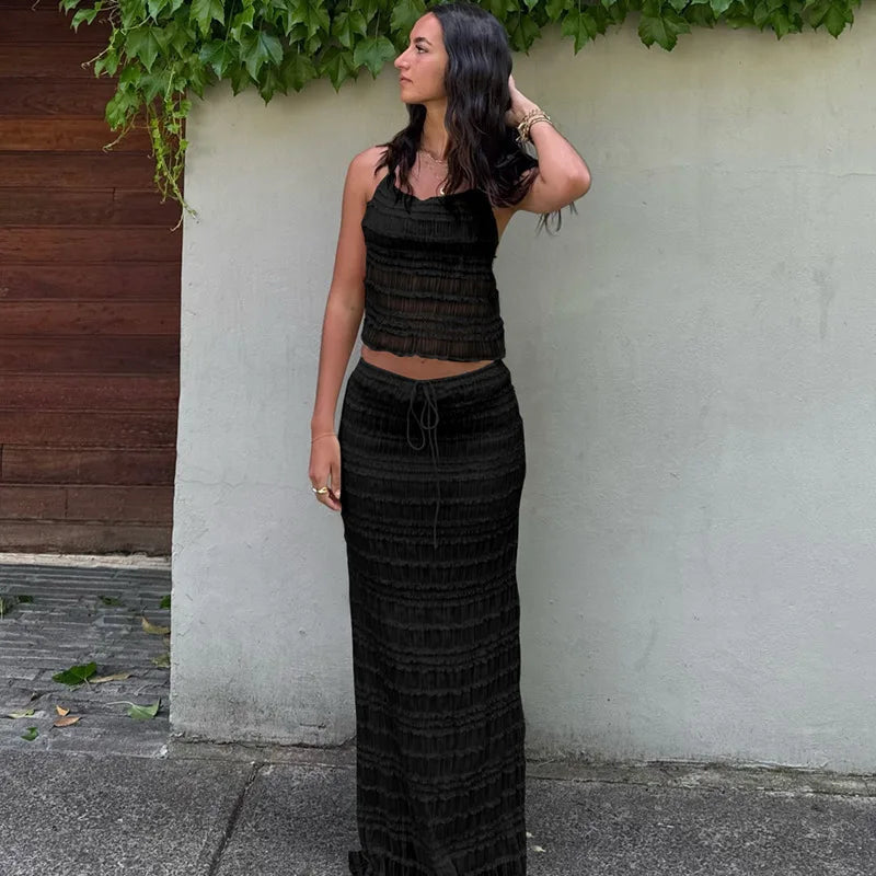 Women's Two-Piece Outfit – Gathered Halter Top, Midi Skirt, Drawstring Waist-83709-a323052d-3b6e-4a62-8c6e-5b1b55529f16