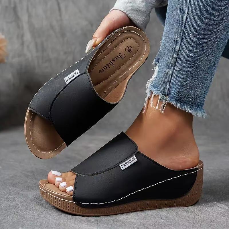 Women's Slip-On Wedge Sandals – Wide Strap, Contoured Footbed, Synthetic, Multi-Color-83190-b6d554fb-ae80-4155-9be6-d52aa3bdcdc4