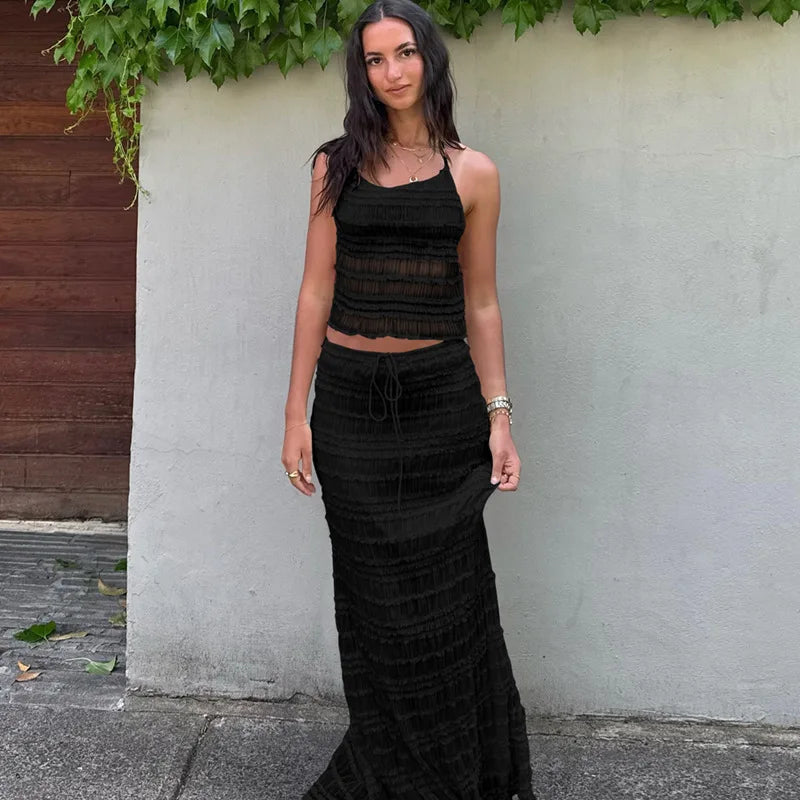 Women's Two-Piece Outfit – Gathered Halter Top, Midi Skirt, Drawstring Waist-83709-bbc5e846-efdd-4287-be43-52a4d96062fa