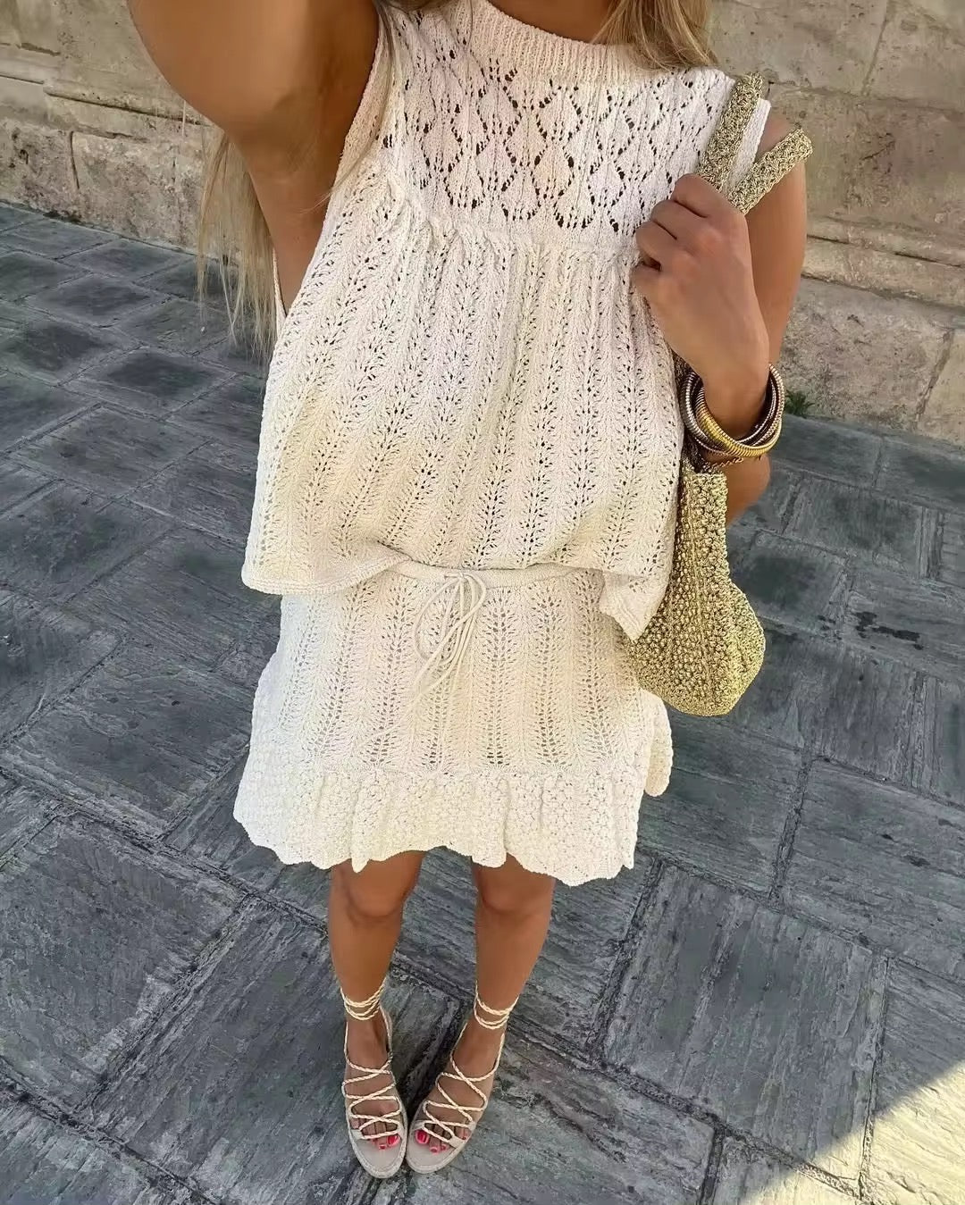 Women's Open-Knit Two-Piece Set - Sleeveless Top, A-Line Skirt, Drawstring Waist, Bohemian Style-81510-bd603975-a607-4356-86bc-03971ebbe5e1