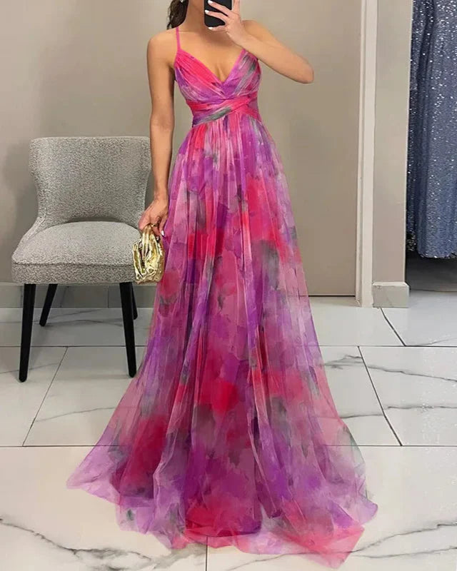 Women's Maxi Dress – Watercolor Floral Print, V-Neck Chiffon Flowing-83162-bdb75d54-cd46-4d40-89c4-35ee2e1efd8c