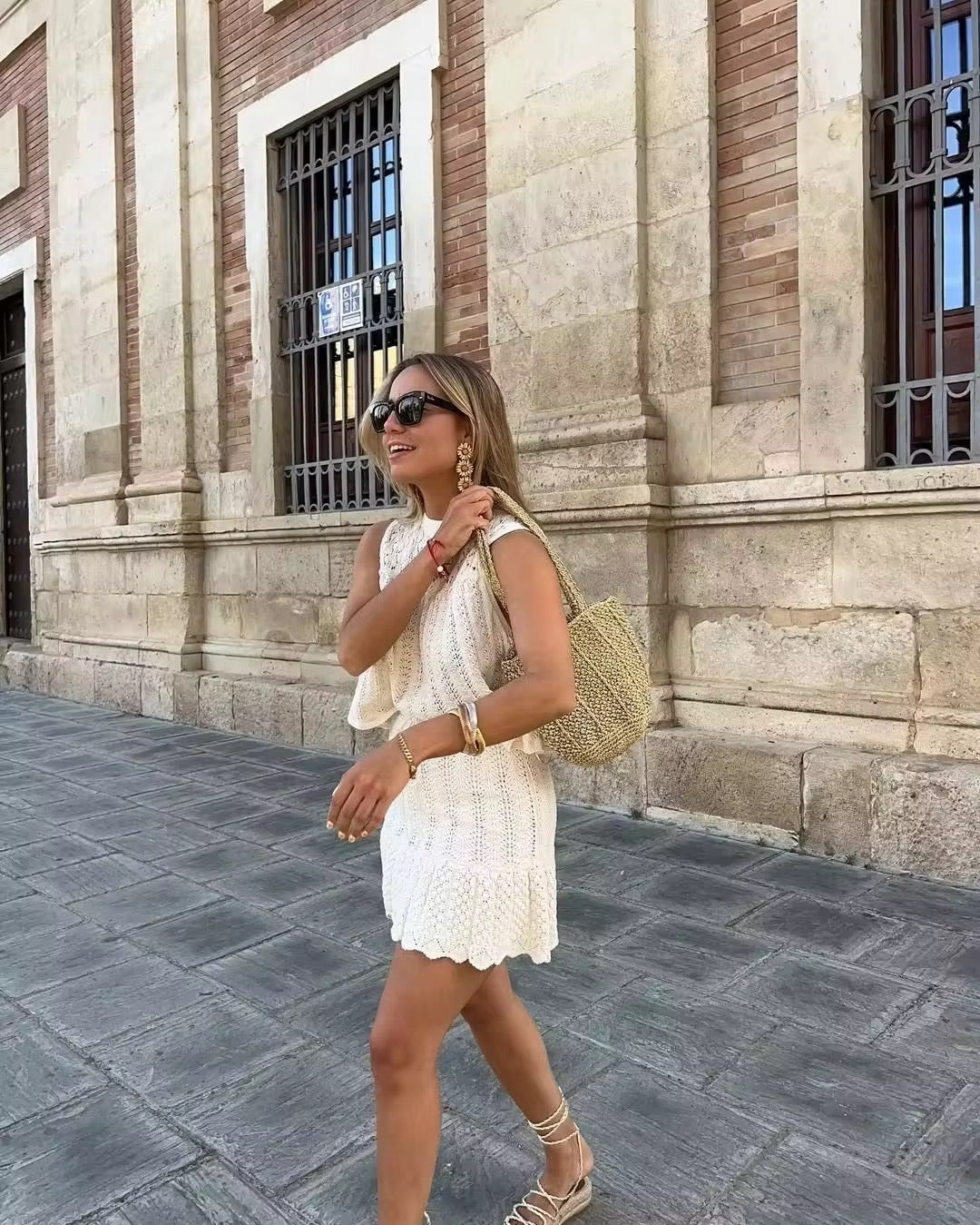 Women's Open-Knit Two-Piece Set - Sleeveless Top, A-Line Skirt, Drawstring Waist, Bohemian Style-81510-c1855eb5-9037-46e2-9cf0-94a76f87a95f
