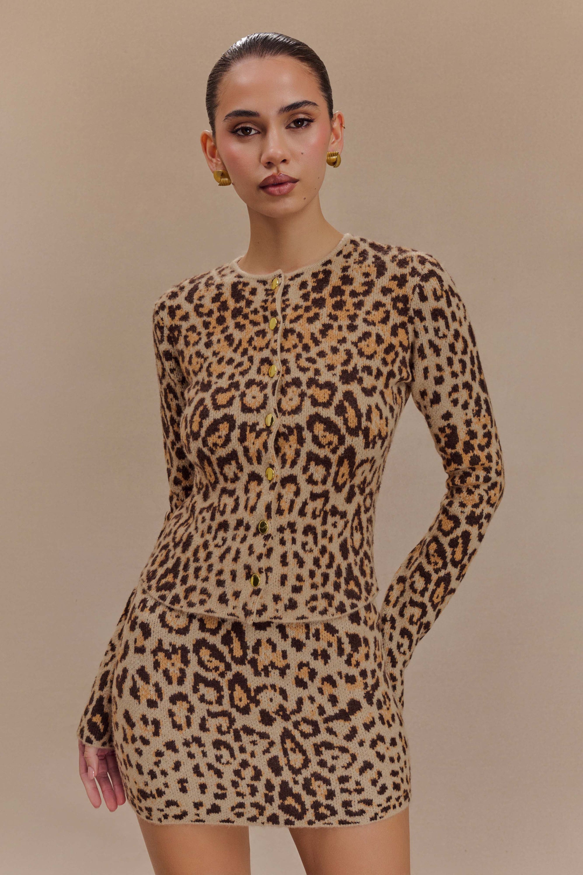 Women's Brown Knit Leopard Print Cardigan & Mini Skirt Set with Gold Buttons-79990-cbe6b5a6-4a32-4212-b071-92670ab02e17