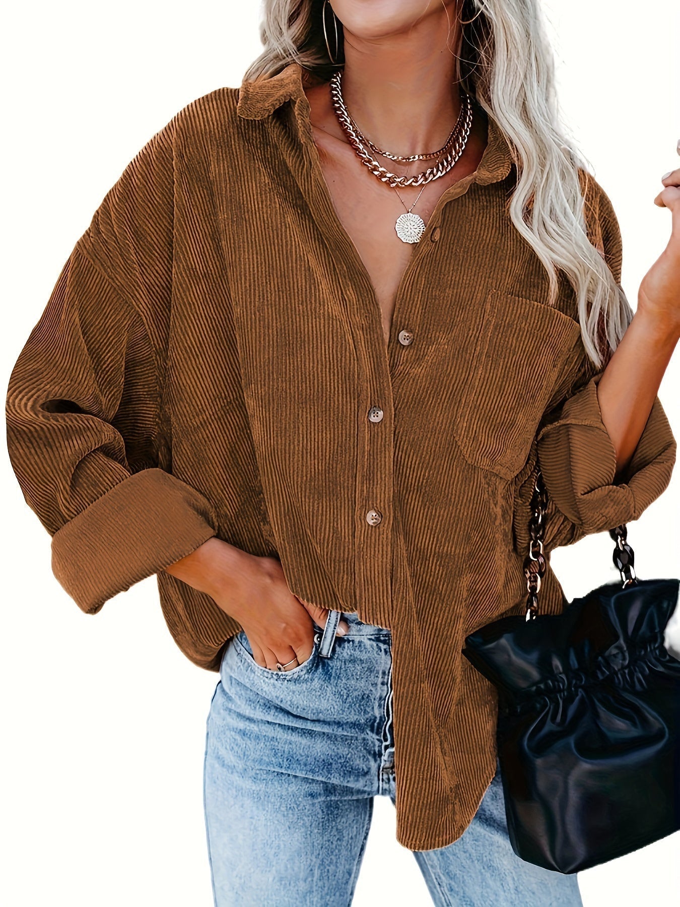 Women's Corduroy Button-Down Shirt-Jacket – Relaxed Fit, Chest Pocket, Beige, Brown, Pink, Black, Red, Teal-81390-cbee9933-06ec-4da0-a749-4a6169faaf55