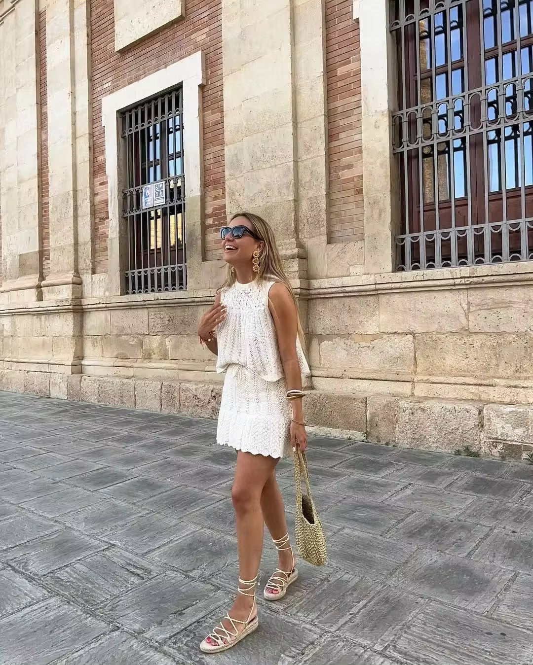 Women's Open-Knit Two-Piece Set - Sleeveless Top, A-Line Skirt, Drawstring Waist, Bohemian Style-81510-cd4a1aed-8fcb-4d5d-8bb5-9e8966838326