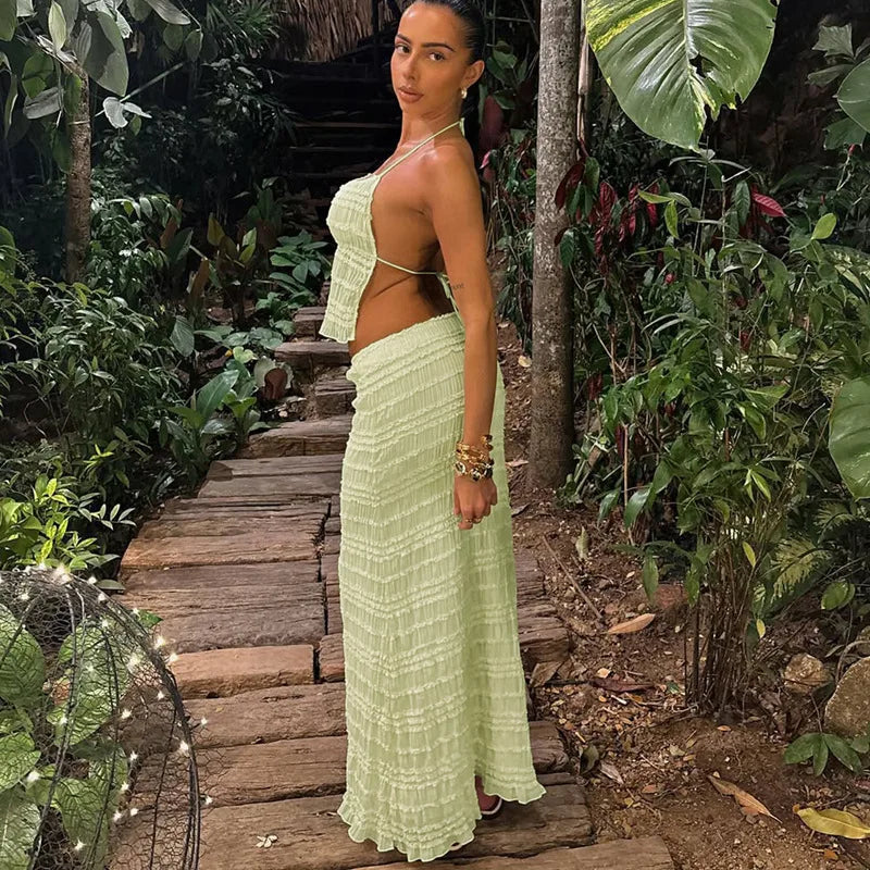 Women's Two-Piece Outfit – Gathered Halter Top, Midi Skirt, Drawstring Waist-83709-df45448c-d422-458b-bd47-f97e5124c830