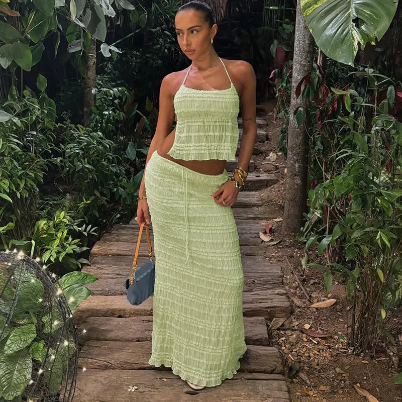 Women's Two-Piece Outfit – Gathered Halter Top, Midi Skirt, Drawstring Waist-83709-ec5c869a-779a-4df5-bc25-3b0bbb28d2bd