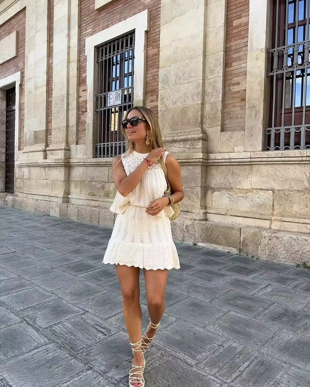 Women's Open-Knit Two-Piece Set - Sleeveless Top, A-Line Skirt, Drawstring Waist, Bohemian Style-81510-f4b11e53-6e9b-4c1b-ae8d-14bd31c902dc