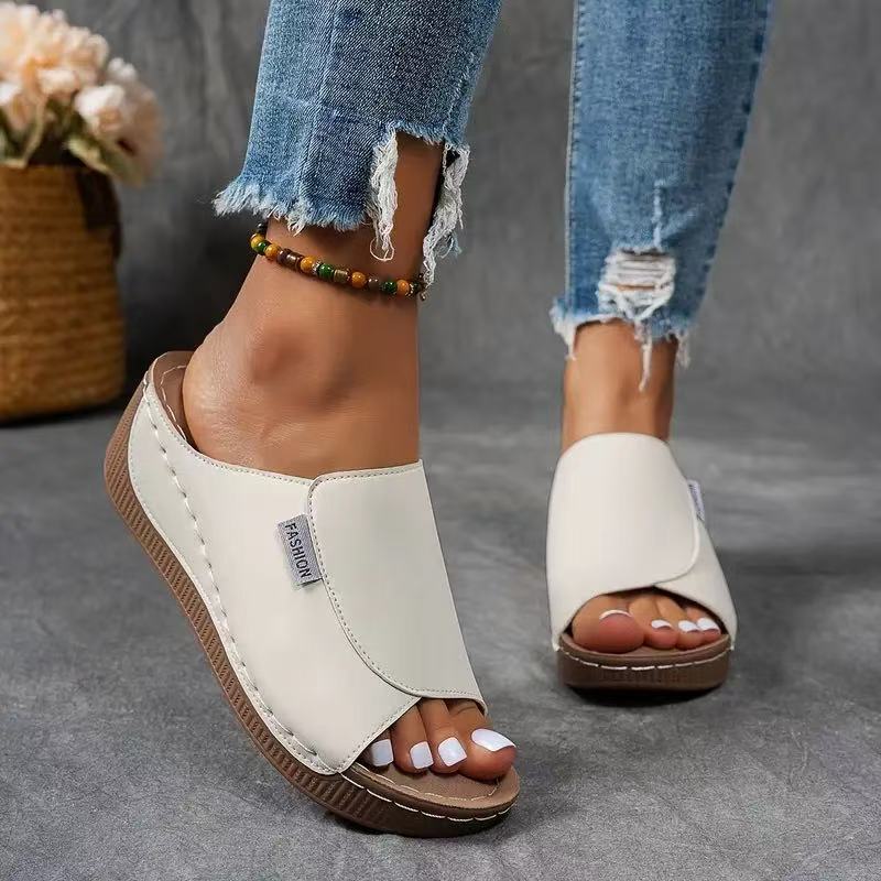Women's Slip-On Wedge Sandals – Wide Strap, Contoured Footbed, Synthetic, Multi-Color-83190-faad9f75-f913-48e6-b8ad-2ebc7a293763