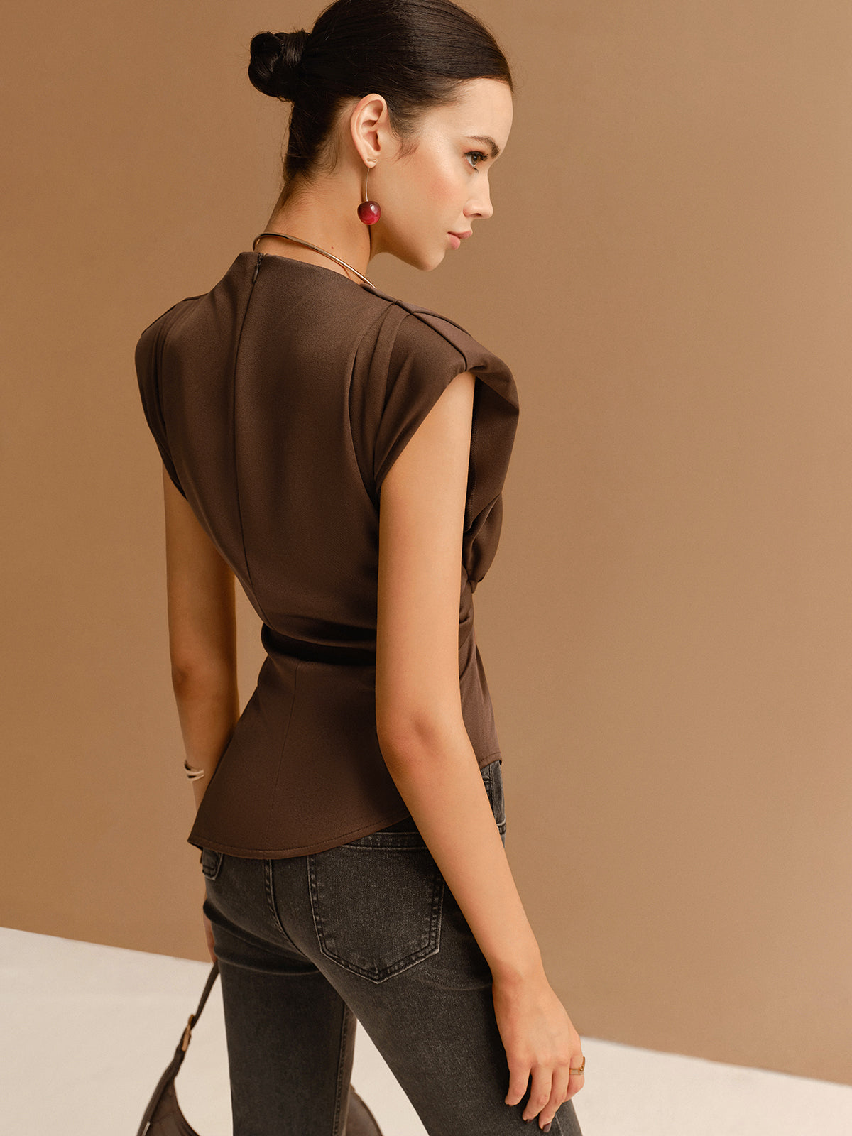 Women's Brown Satin Top – Structured Shoulders, Wrap Waist, Sleeveless-83250-ff21964d-12a4-47e3-bb31-1e8e950151f6
