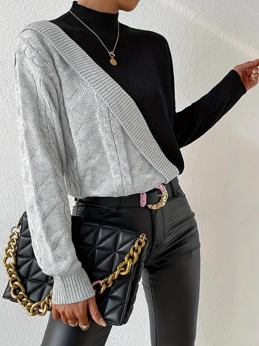 Women's Sweater – Color Block Cable Knit Turtleneck Style-54586-77f19451-2c08-4759-a6e4-93f487e56c56