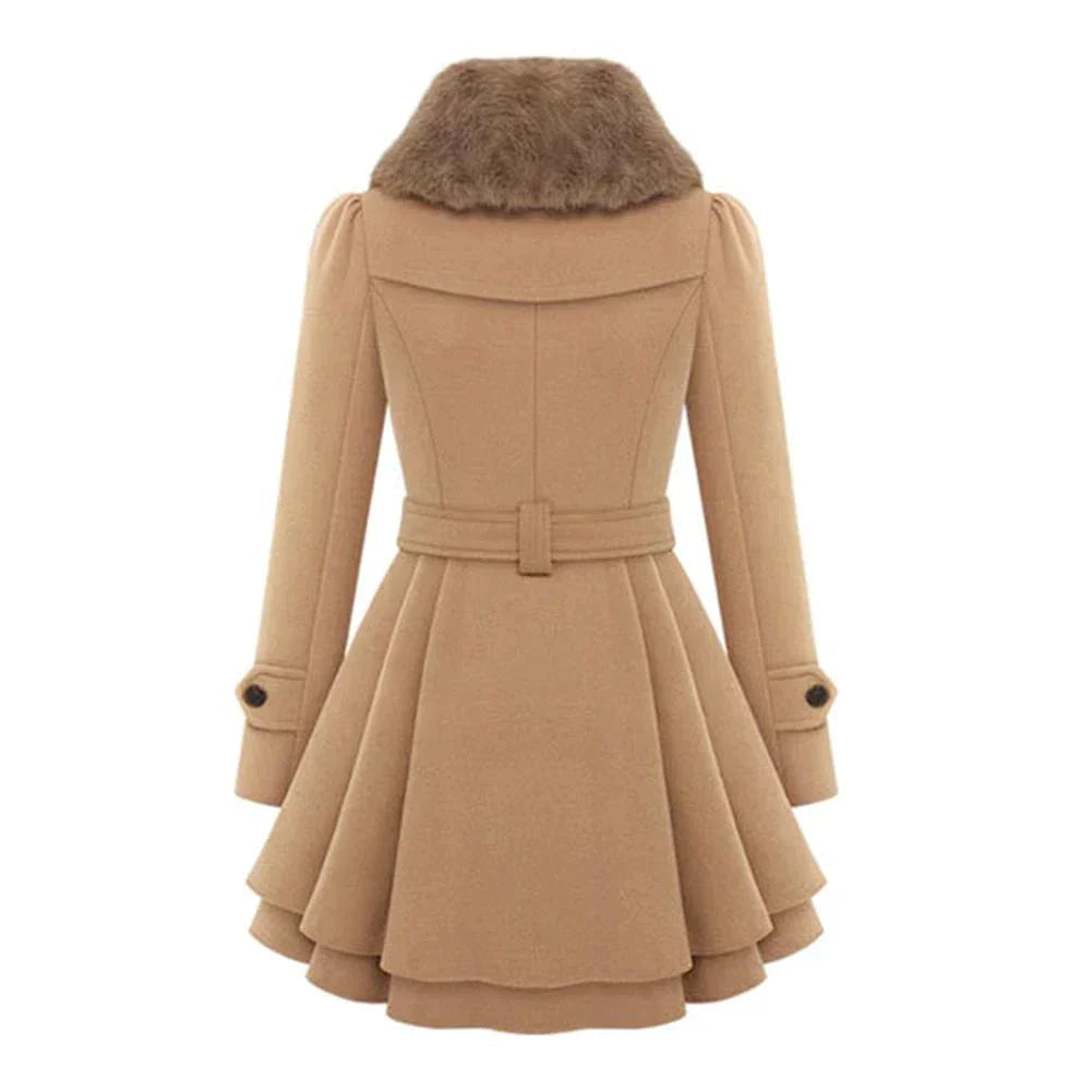 Women's Double-Breasted Faux Fur Collar Belted Flared Coat, Elegant Style-82347-02de3694-168d-45ba-80b9-47489ca97346