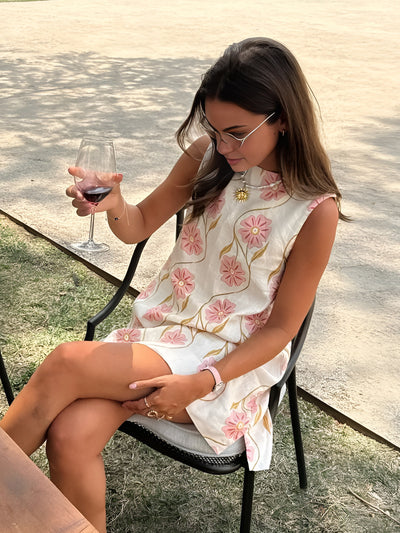 Bohemian White Mini Dress – Floral High Neck