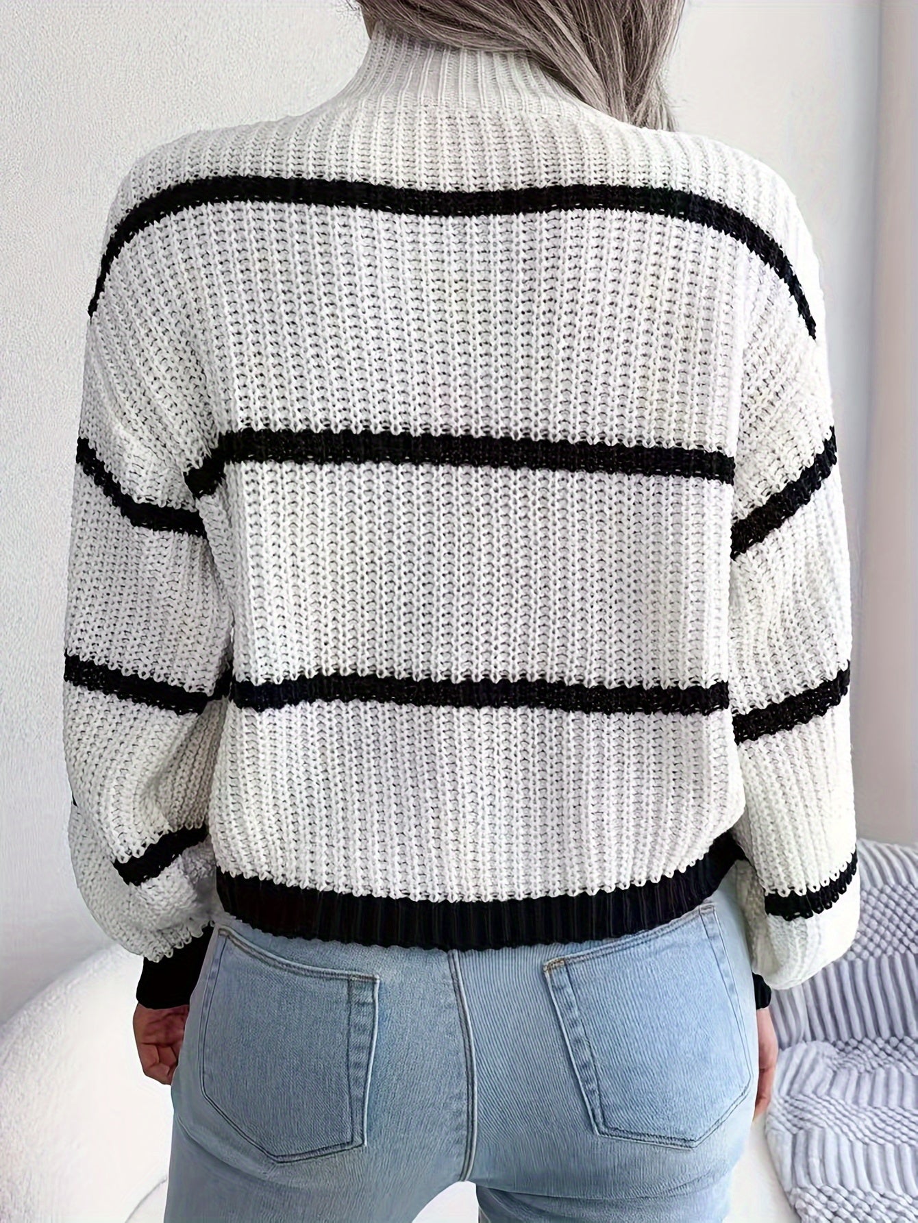 Women's Striped Turtleneck Sweater – White, Ribbed Knit-74366-09b52ddc-0b98-471c-8bef-e302569592f7