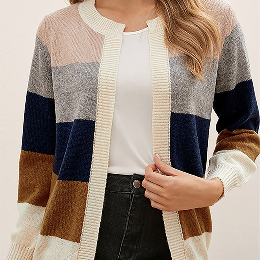 Women's Cardigan – Open Front, Striped Color Block, Long Sleeve, Basicfold-74430-2ad57d49-cef2-4307-bb7a-647797a0d093