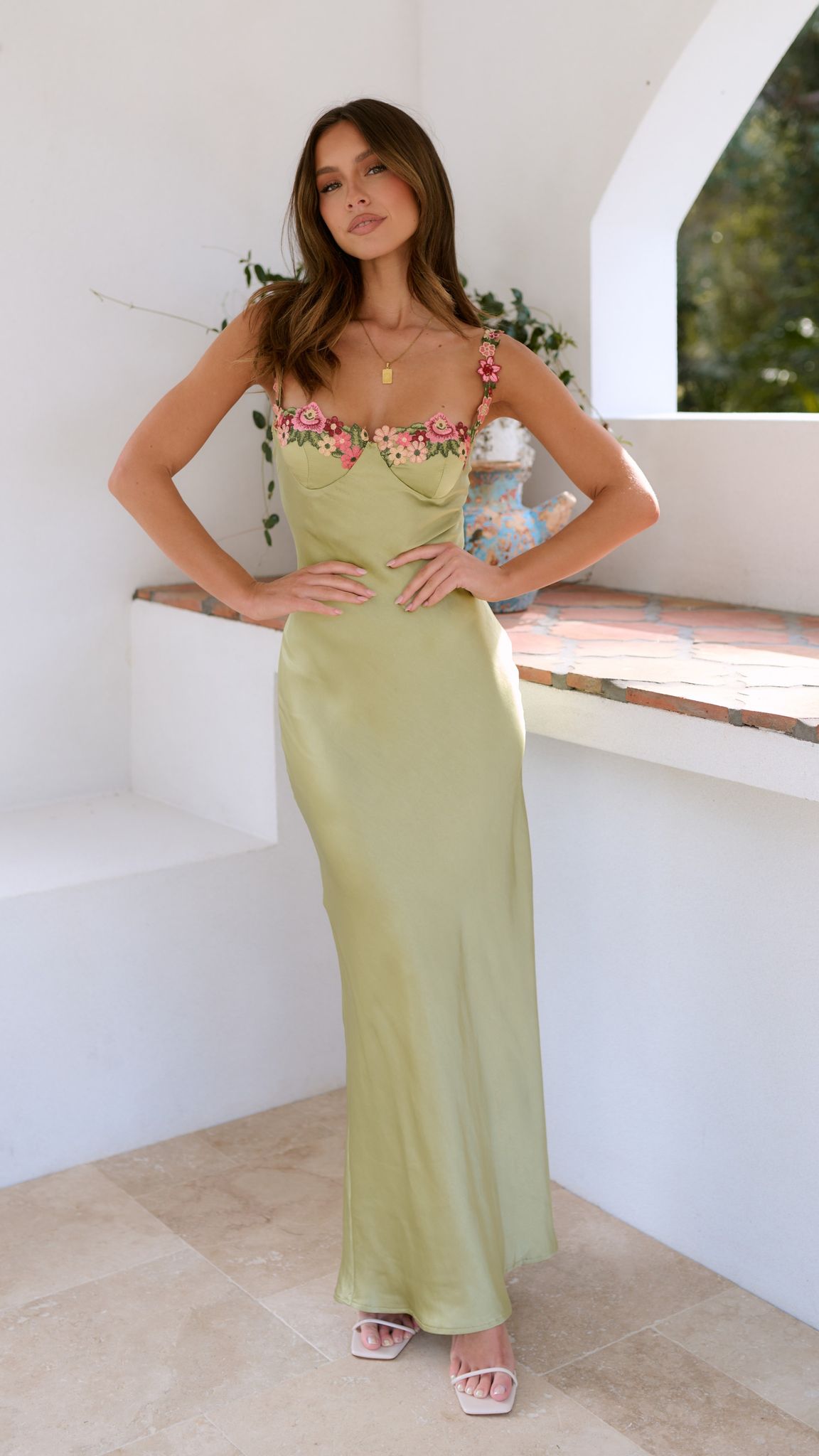 Women's Green Silk Slip Dress – Floor-Length, Embroidered Floral Straps, Fitted Bodice-83165-3c186313-aeca-4190-a2a1-303b11f99270
