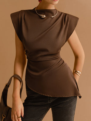 Women's Brown Satin Top – Structured Shoulders, Wrap Waist, Sleeveless-83250-47a426db-a4f1-4467-bc0d-a3d9b5c70f8f