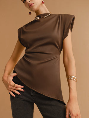 Women's Brown Satin Top – Structured Shoulders, Wrap Waist, Sleeveless-83250-49d2295a-6b6e-402a-9c88-c1a406fa776b