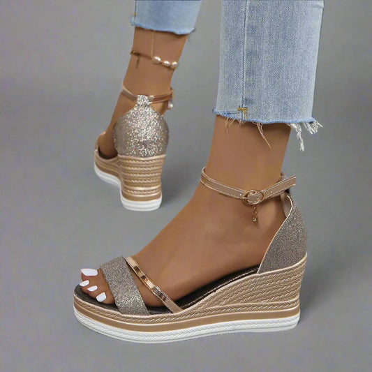 Women's Sandals – Glitter Open Toe Wedge Heel with Platform Ankle Strap-83231-4bc09d8d-c282-4921-aecd-536fb7fb3268