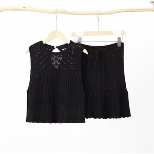 Women's Open-Knit Two-Piece Set - Sleeveless Top, A-Line Skirt, Drawstring Waist, Bohemian Style-81510-4f3a46d9-2e01-4332-9b50-ee0044ecad7e