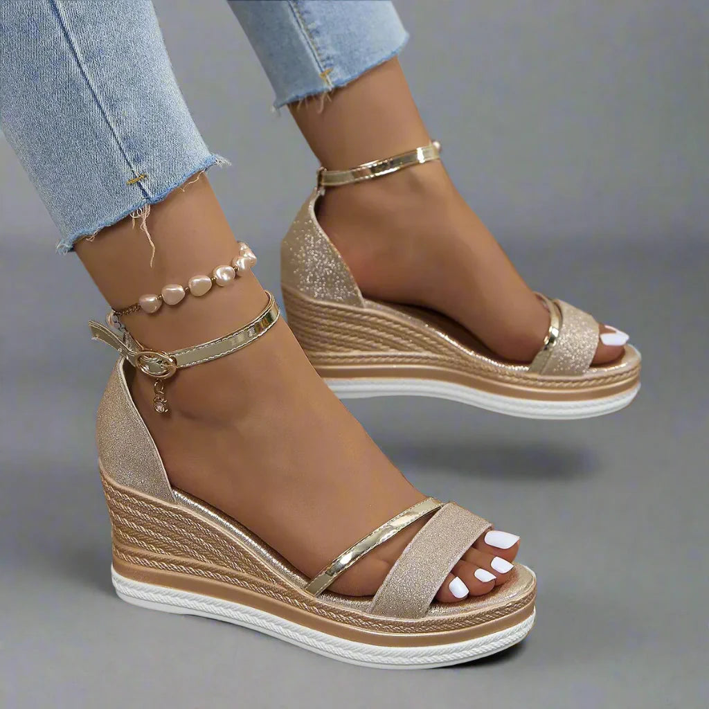 Women's Sandals – Glitter Open Toe Wedge Heel with Platform Ankle Strap-83231-52475f88-872c-48aa-9519-0dc43beeea55
