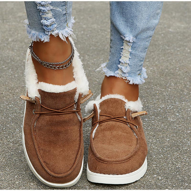 Women's Corduroy Lace-Up Shoes – Faux Fur Lined, Rubber Sole, Casual Style-82593-574057a1-9c75-444d-837c-a5c132f94c37