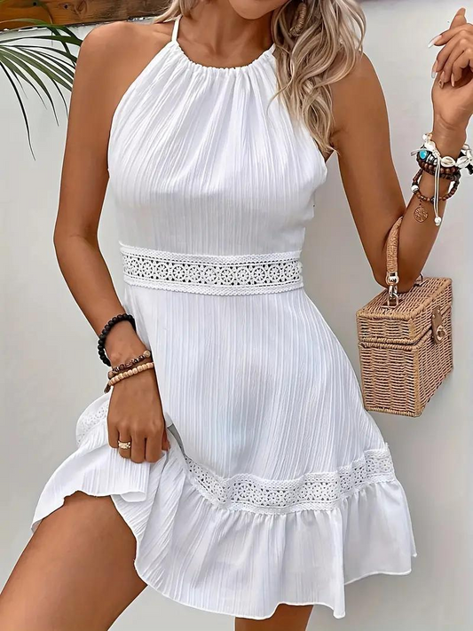 Women's White Halter Dress – Lace Trim, Ruffled Hem, Bohemian Style-82373-5f5ab444-9cb8-4dec-8c8c-c4097d369db9