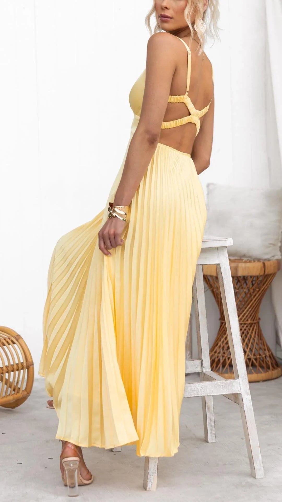 Women's Yellow Pleated Maxi Dress – V-Neck, Thin Straps, Lightweight-83170-69c58601-ebb9-4130-a747-c8790b8c253e