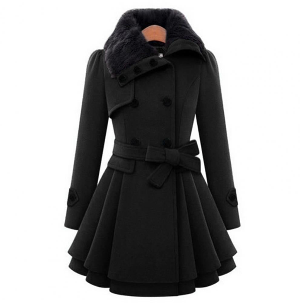 Women's Double-Breasted Faux Fur Collar Belted Flared Coat, Elegant Style-82347-6a4a9819-bc05-4bf3-a09d-739589593ca9