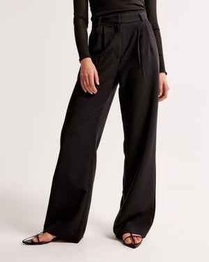 Women's High-Waisted Wide-Leg Pleated Trousers - Smooth Fabric, Modern Minimalist Style-83175-6c00a3da-9f60-4cd2-8969-e02a096e89dd