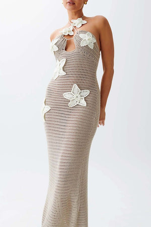 Women's Crocheted Halter Neck Dress – Floral Applique, Bohemian Style-83837-6ea5acbf-400f-47c4-8501-8003ef80085a
