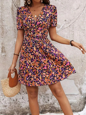 Women's Floral V-Neck Dress – Purple Polyester, Ruched Waist, Bohemian-82499-728faed4-0641-48ab-8010-1d611032fa1d