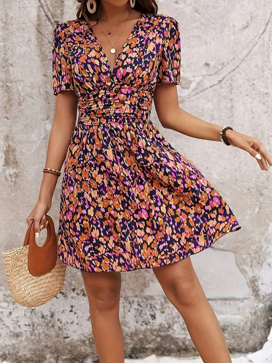 Women's Floral V-Neck Dress – Purple Polyester, Ruched Waist, Bohemian-82499-728faed4-0641-48ab-8010-1d611032fa1d