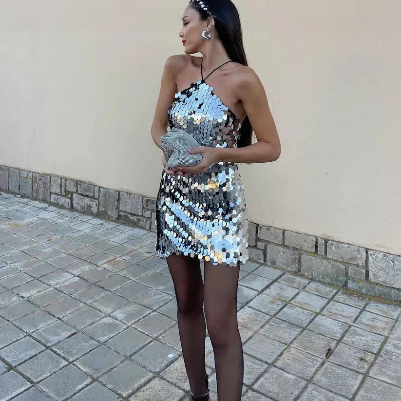 Sequin Mini Dress - Halter Neck, Fitted Silhouette