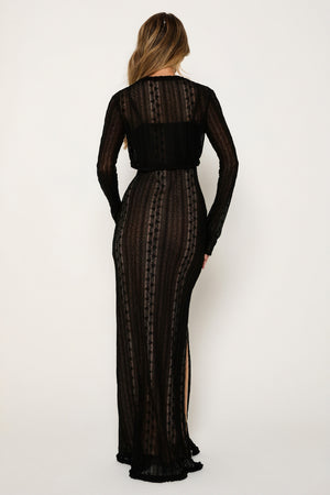 Women's Sheer Maxi Dress – Bolero, V-Neck, Lace, Striped, Black/White-80915-d96dcb20-d99d-4cd2-8b54-152056a0b5d7