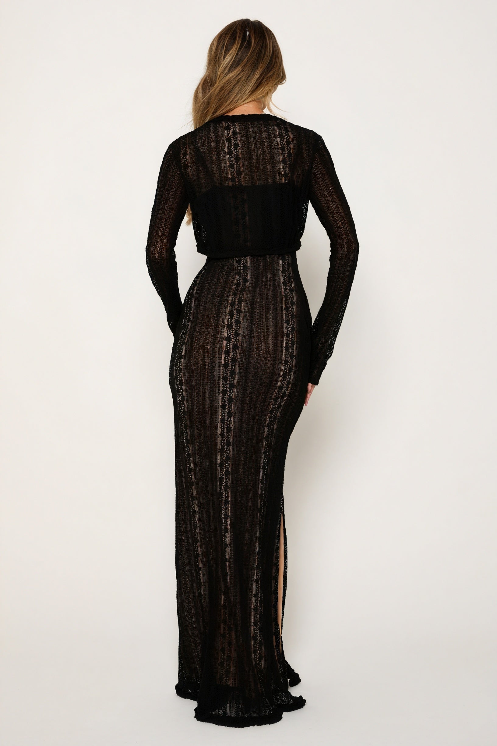 Women's Sheer Maxi Dress – Bolero, V-Neck, Lace, Striped, Black/White-80915-d96dcb20-d99d-4cd2-8b54-152056a0b5d7