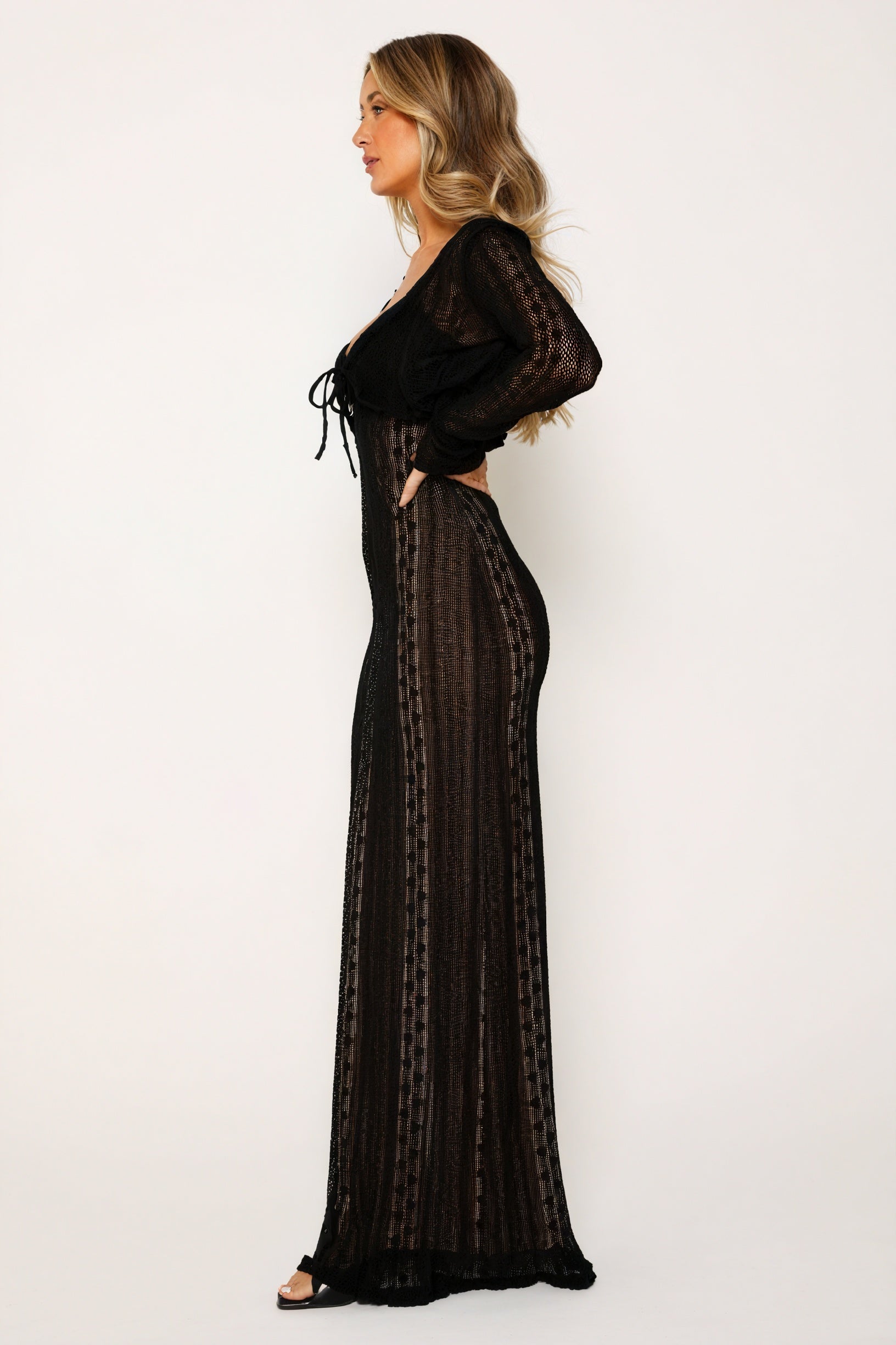 Women's Sheer Maxi Dress – Bolero, V-Neck, Lace, Striped, Black/White-80915-f15e603b-d9ea-454c-a8d7-ff11f3670a4e