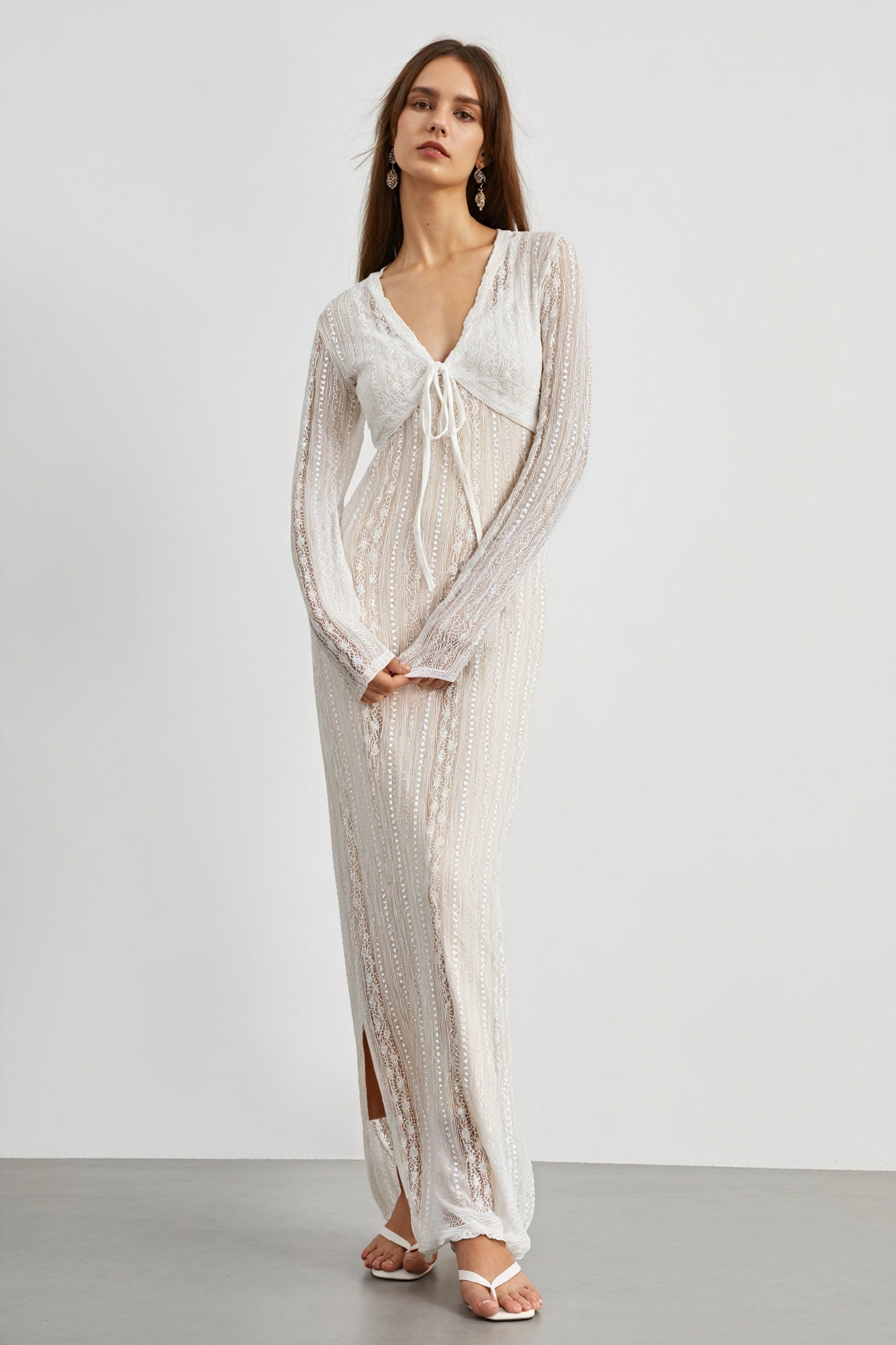 Women's Sheer Maxi Dress – Bolero, V-Neck, Lace, Striped, Black/White-80915-0f0fb60d-1bd4-4eec-85b8-4ee6228c818b