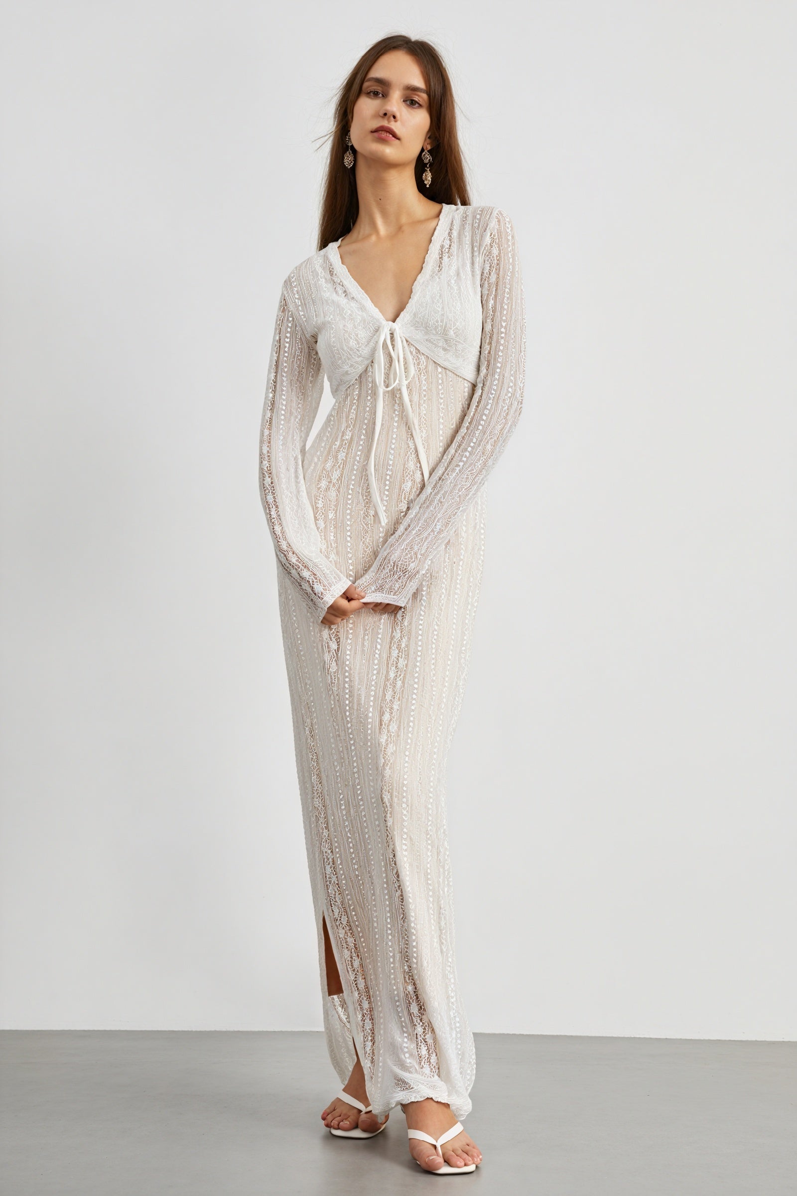 Women's Sheer Maxi Dress – Bolero, V-Neck, Lace, Striped, Black/White-80915-0f0fb60d-1bd4-4eec-85b8-4ee6228c818b