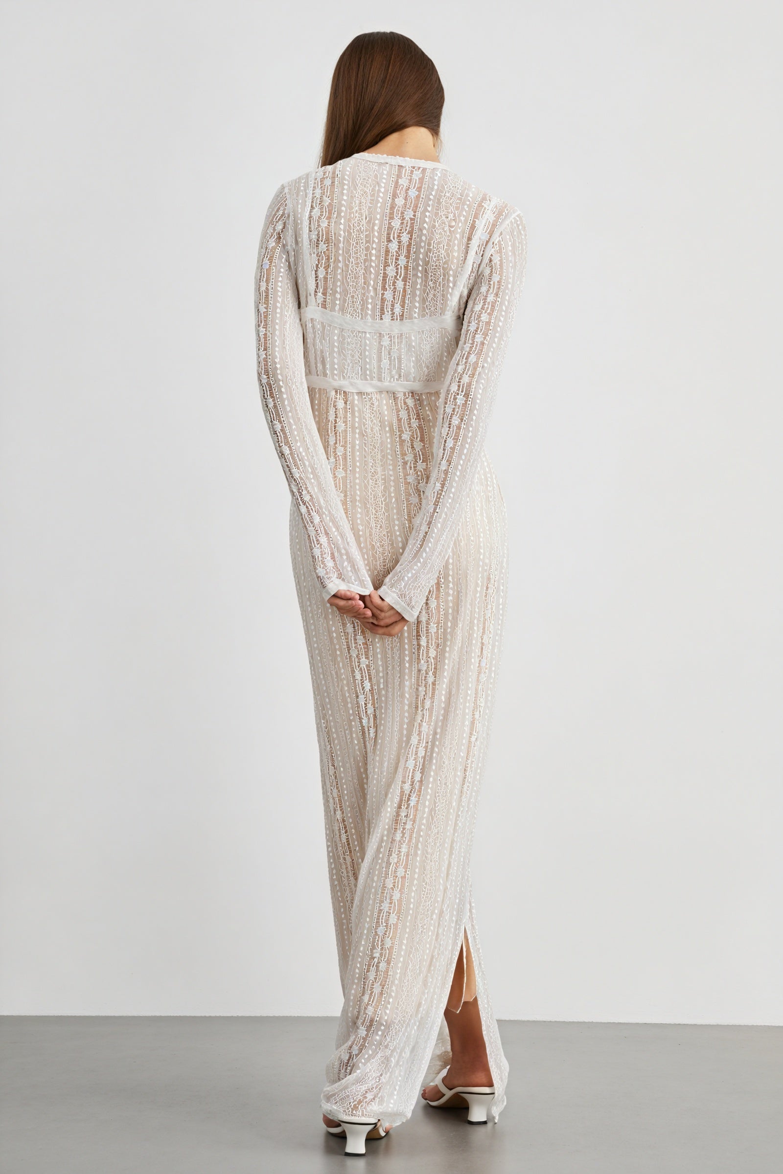 Women's Sheer Maxi Dress – Bolero, V-Neck, Lace, Striped, Black/White-80915-b42b4a15-b44c-40d0-a935-59defb70b7c8