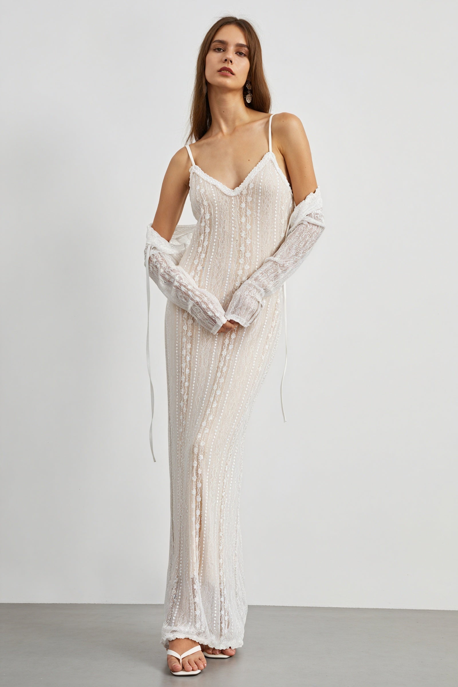 Women's Sheer Maxi Dress – Bolero, V-Neck, Lace, Striped, Black/White-80915-03c06374-3930-4b42-915f-22951a0f4010