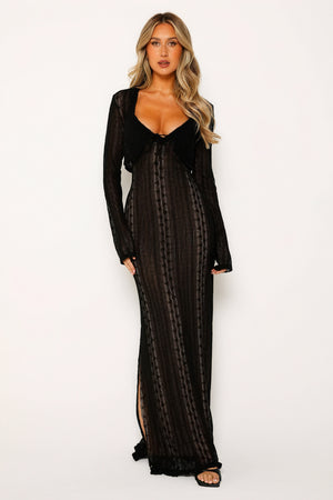 Women's Sheer Maxi Dress – Bolero, V-Neck, Lace, Striped, Black/White-80915-de755c6b-6575-42fc-833c-5cdcc509b598