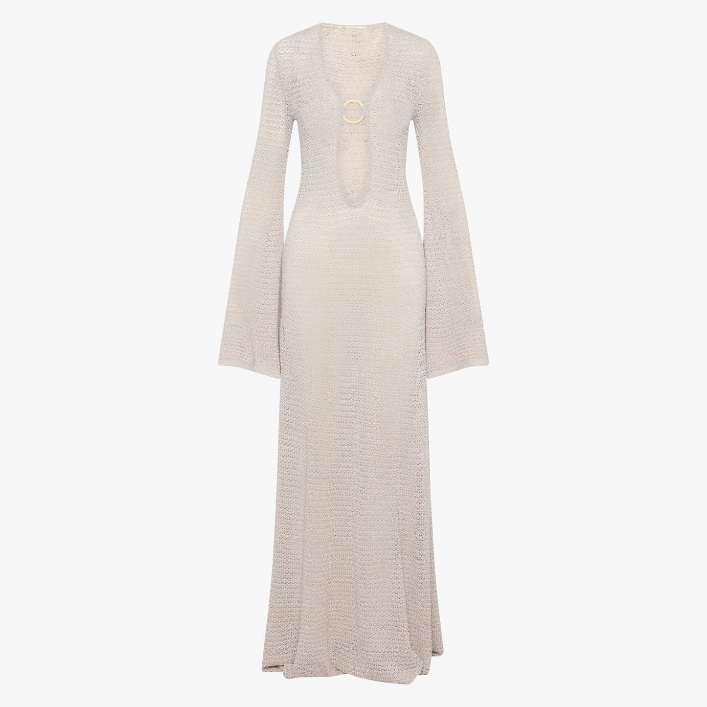 Women's Sheer Knit Maxi Dress – Plunge Neck, Flared Sleeves, Slit, Beige/Black-80916-cc4ae9b3-7ee5-4e08-8bb0-3b074c6cd080