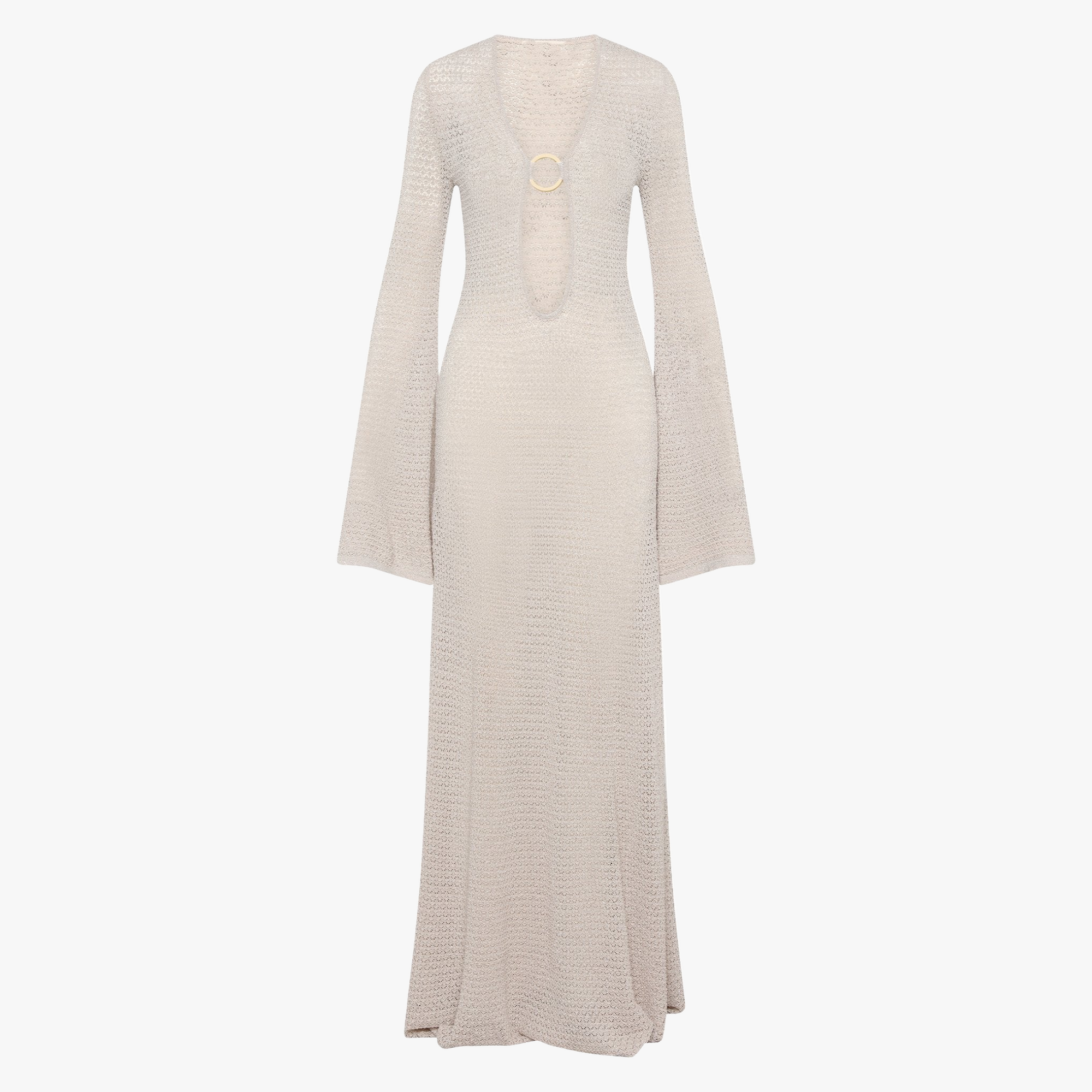 Women's Sheer Knit Maxi Dress – Plunge Neck, Flared Sleeves, Slit, Beige/Black-80916-cc4ae9b3-7ee5-4e08-8bb0-3b074c6cd080