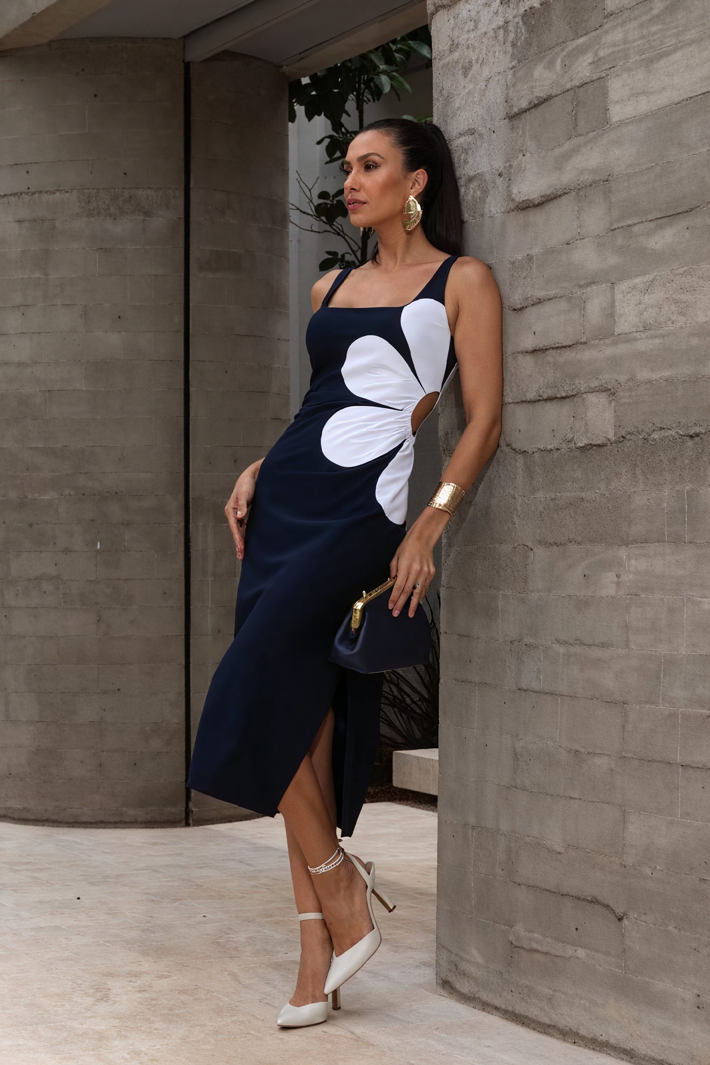 Women's Pink Navy Floral Midi Dress - Square Neck Fitted Polyester-80919-cfff8764-0f37-442f-98b1-64307b075f85