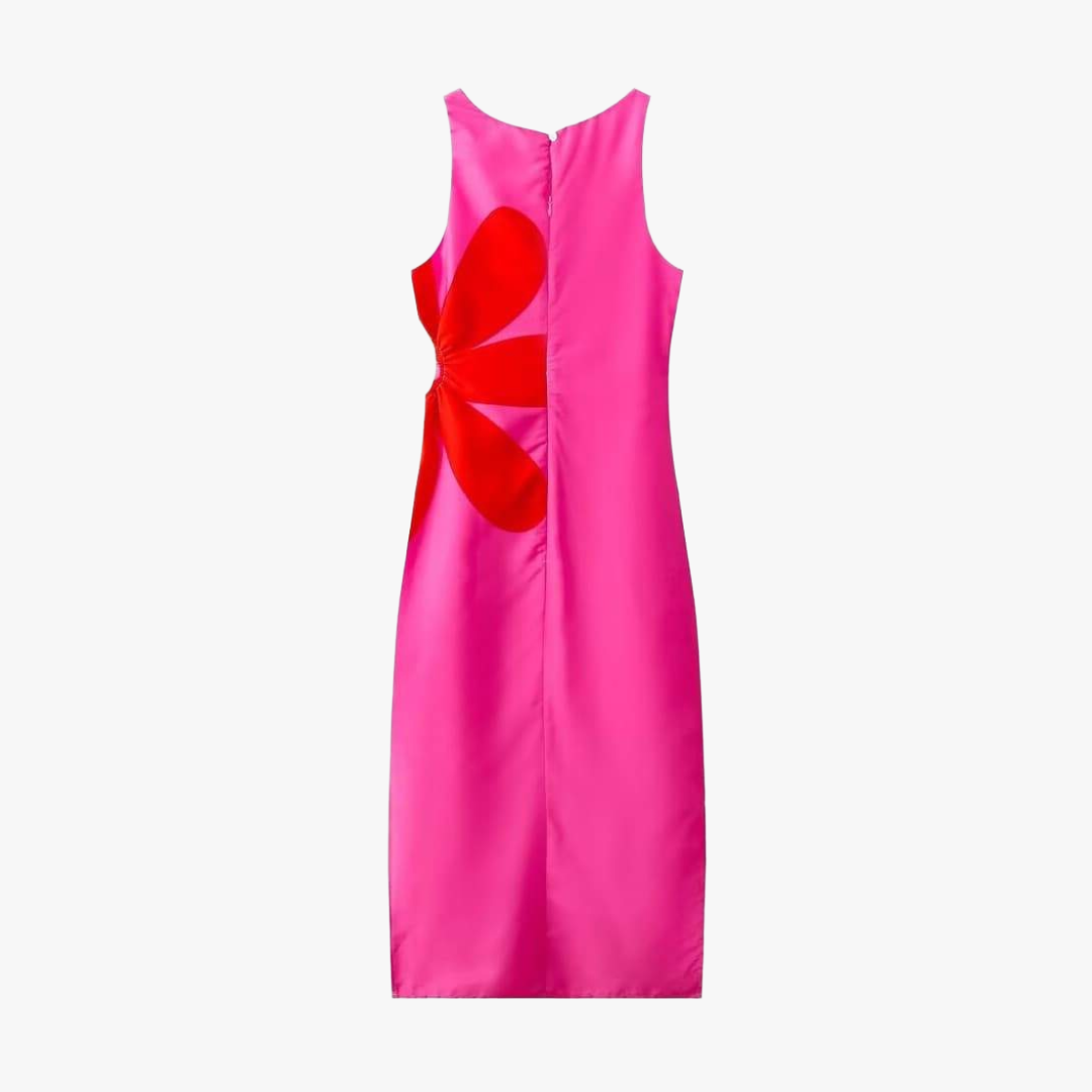 Women's Pink Navy Floral Midi Dress - Square Neck Fitted Polyester-80919-881e9b7a-9d55-4e2c-a1bb-c2ccc4c341a7