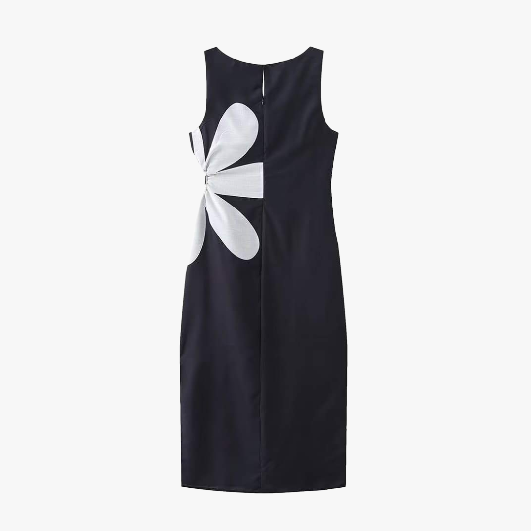 Women's Pink Navy Floral Midi Dress - Square Neck Fitted Polyester-80919-8646c026-dda6-4ea4-93dd-8848f8b37807