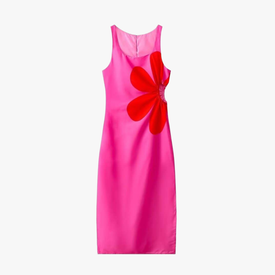 Women's Pink Navy Floral Midi Dress - Square Neck Fitted Polyester-80919-5c9cd711-8787-48af-b9d1-3b0c228d61b9